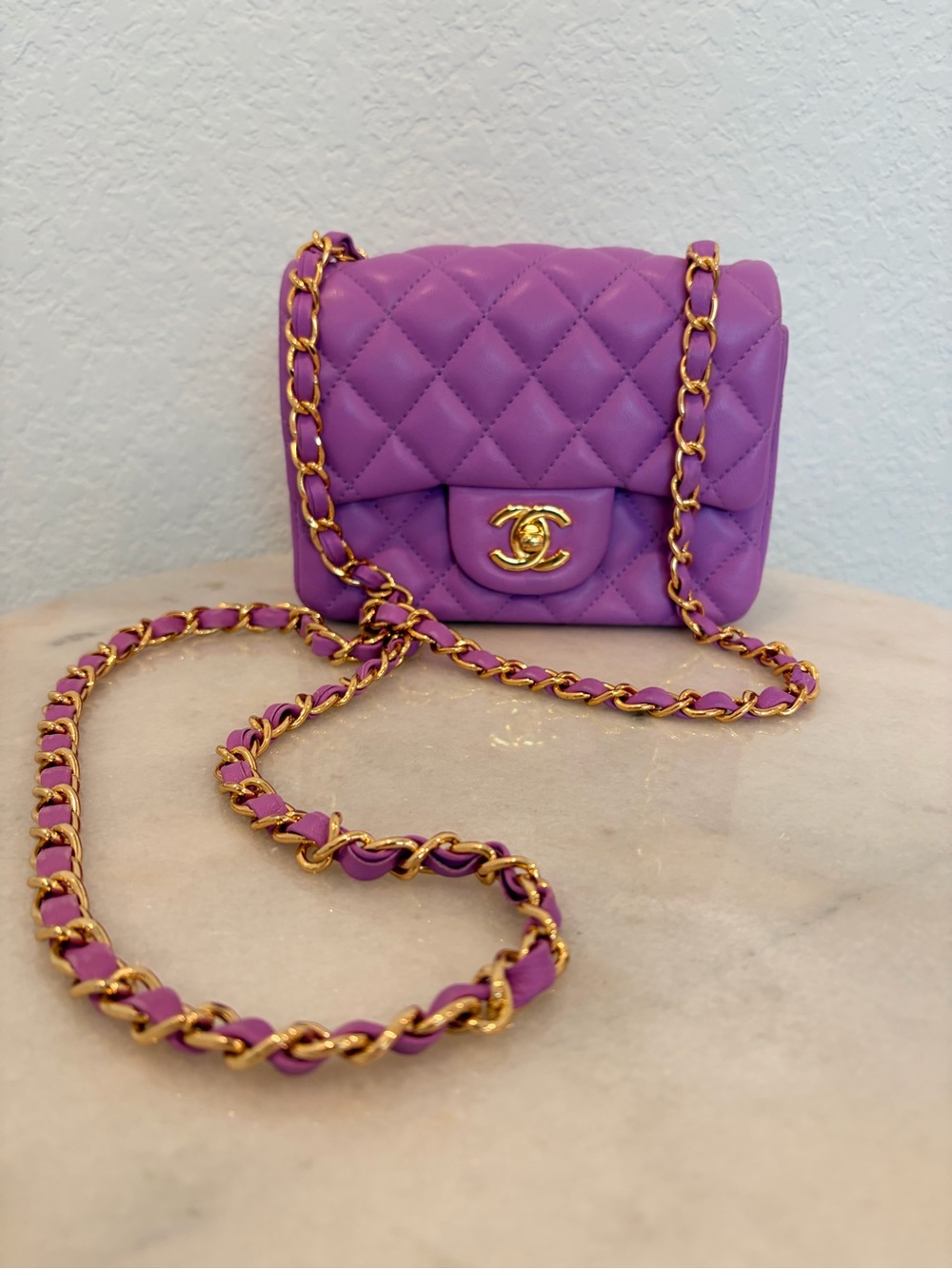 Purple Quilted Flap Shoulder Bag Gold Tone Chain